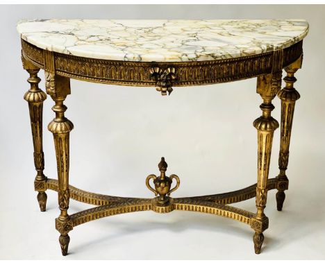 CONSOLE TABLE, 114cm W x 57cm D x 84cm H, late 19th century Italian carved giltwood in Louis XVI style of demi lune outline w