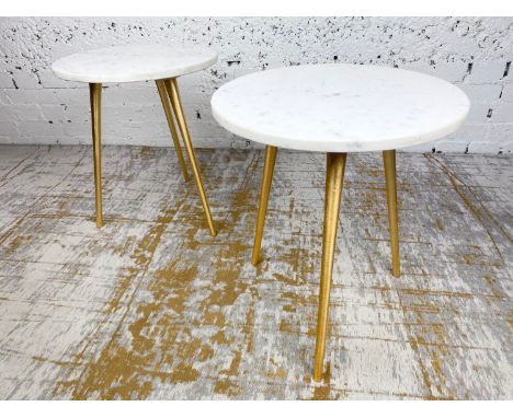 LAMP TABLES, a pair, 1970's Italian design, circular marble tops on tripod gilt metal legs, 47cm H x 41cm x 41cm. (2) 