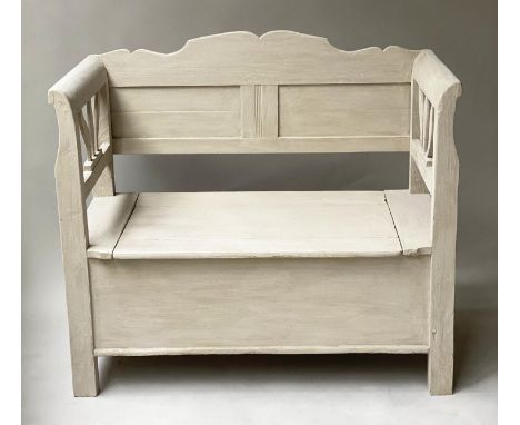 SCANDINAVIAN SETTLE, 19th century Scandinavian grey painted with rising seat and shaped panel back, 110cm W. 