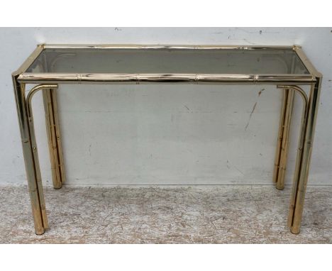 CONSOLE TABLE, 73cm H x 119cm x 39cm, brass with tinted glass top. 