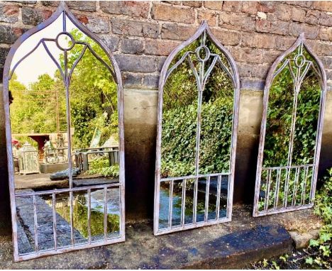 ARCHITECTURAL STYLE GARDEN MIRRORS, three, 110cm x 50cm, distressed metal framed, (3) 