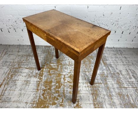 CARD TABLE, English early 20th century in the manner of Heals, quarter veneered foldover baize lined top above square support