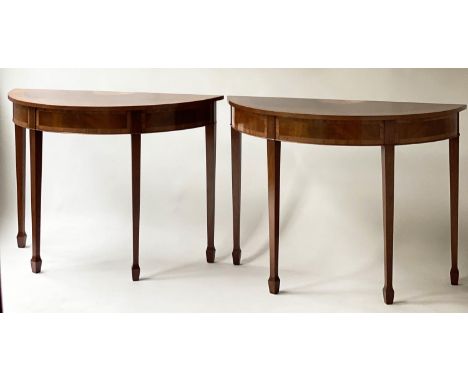 CONSOLE TABLES, a pair, George III design flame mahogany, demi lune, each with satinwood fan inlay centre, 113cm x 49cm x 82c