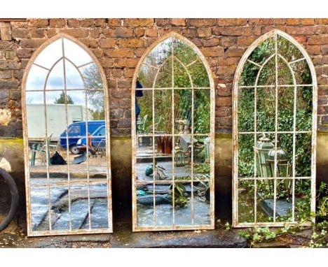 ARCHITECTURAL STYLE GARDEN MIRRORS, three, 160cm x 67cm, metal framed, (3) 