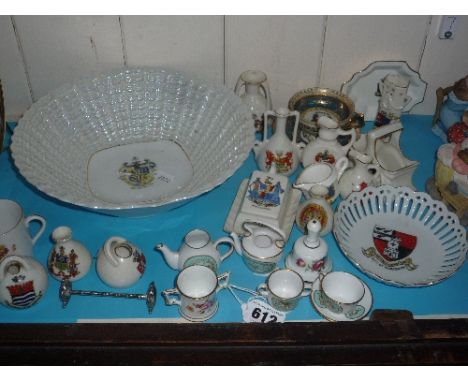 VARIOUS CRESTED WARES AND MINIATURES, to include Royal Crown Derby Loving Cup, Spode teawares etc