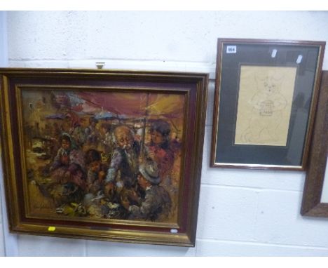 AFTER LOUIS WAIN, 'Cats Cream', approximately 27cm x 18.5cm, together with oil on board, market scene, signed Nino Gahadon, a