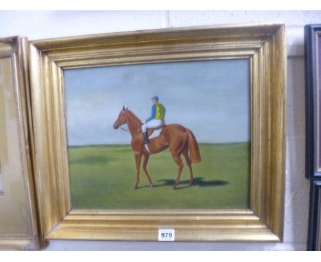 JAMES B WOODS ARMS, equestrian portrait, jockey in racing silks on horse, oil on board, signed bottom right, approximate size