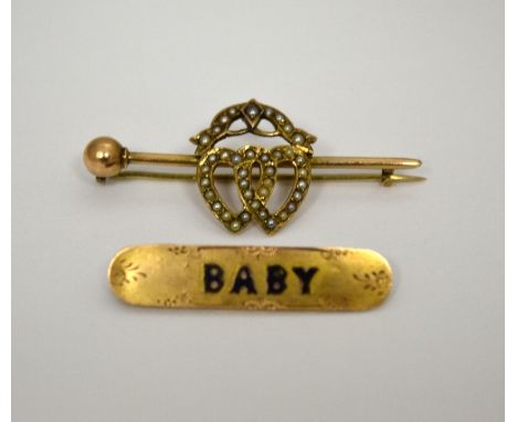 TWO ITEMS OF JEWELLERY, the first a 'Baby' brooch together with an entwined seed pearl brooch