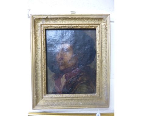 A 19TH CENTURY GILT FRAMED OIL ON CANVAS, portrait depicting head and shoulders of gent in hat, approximately 40cm x 31cm, un