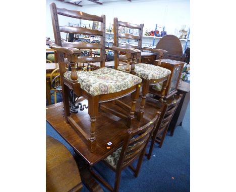 A 'WOOD BROS' OAK DINING TABLE, and six ladder back chairs, including two carvers with drop in seat pads (sd) (7)