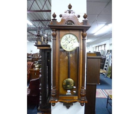 A 19TH CENTURY WALNUT CASED REGULATOR WALL CLOCK, with two brass weights (key)