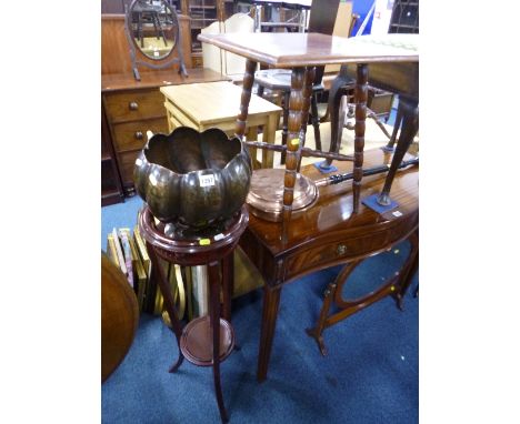 AN ARTS AND CRAFTS STYLE COPPER PLANTER, plant stand, copper warming pan and an occasional table (4)