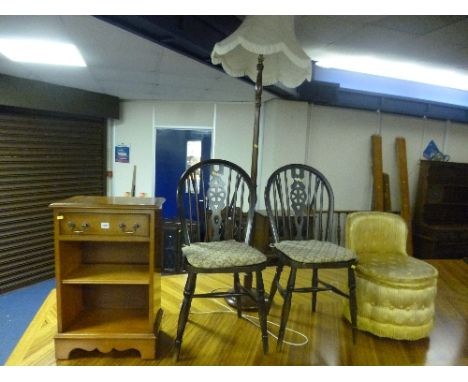 A SMALL YEW WOOD BOOKCASE, three various chairs and a standard lamp with shade (5)