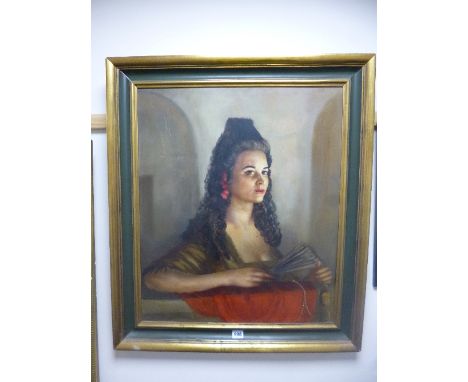 A SPANISH LADY PORTRAIT STUDY, oil on panel, reputedly by A C McManus c1960, approximate size 66cm x 55.5cm