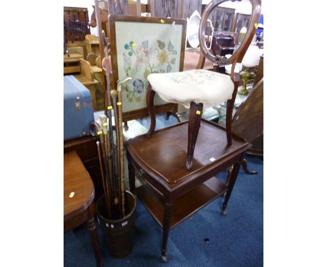 AN OAK STICK STAND, containing seven various walking sticks, Victorian chair and a folding occasional table/firescreen (3)