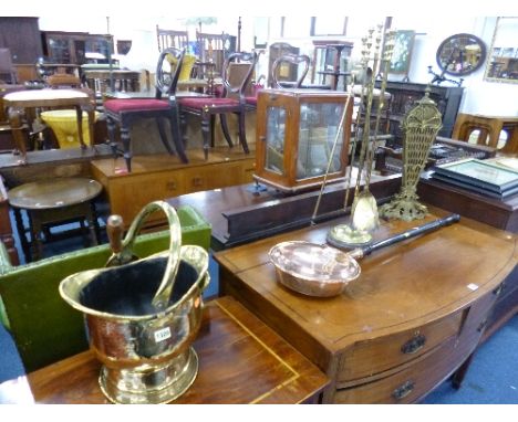 A BRASS COAL SCUTTLE, with shovel, companion set, fold out firescreen and a copper warming pan (4) (4)