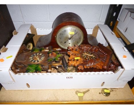 A BOX OF ASSORTED CLOCKS, including two recent cuckoo clocks, mantel clock etc (key and pendulum)