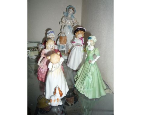 SIX ROYAL DOULTON/WORCESTER/COALPORT FIGURES, 'The Milkmaid' 3818/9500, 'Sharon' HN3047, 'Rose' HN1368, 'Sit' HN3123, 'Lavini