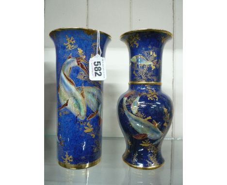 TWO CARLTONWARE LUSTRE FISH AND GILT SEAWEED VASES, heights approximately 21cm (cylindrical vase has restoration to lip and h