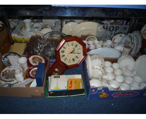 FIVE BOXES AND LOOSE CERAMICS, GLASS, CLOCK, etc, to include Limoges, Aynsley, Doulton, Poole etc