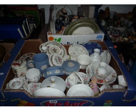 TWO BOXES OF CERAMICS, to include Jasperwares, Coalport, Royal Crown Derby, Poole, Melba Ware toby jugs etc