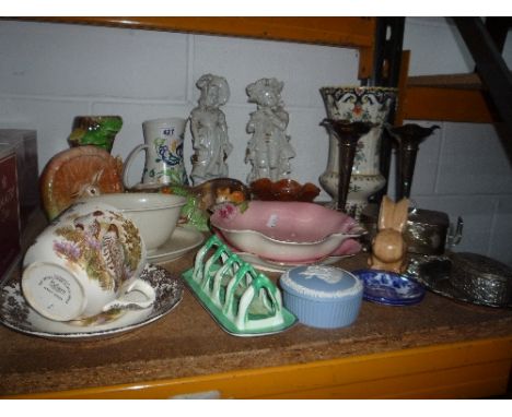 VARIOUS CERAMICS, PLATED WARES, GLASS, etc, to include Poole jug, Shelley toast rack, Sylvac etc