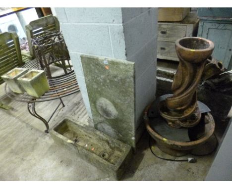 A TERRACOTTA WATER FEATURE, composite planter, two plant pots etc (5)
