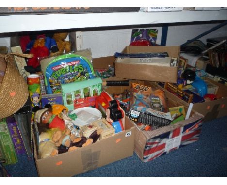 SEVEN BOXES AND LOOSE ITEMS OF TOYS, JIG-SAWS, ACTION MAN, TEACARDS, POKEMON CARDS, etc