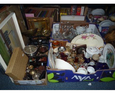 A BOX AND LOOSE SUNDRY ITEMS, scales, pictures, plated wares etc