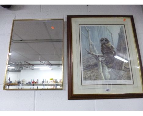 'MORNING WATCH' LTD EDITION PRINT, 174/850 signed Ian Nathan, a pair of brass framed wall mirrors and a brass table lamp with