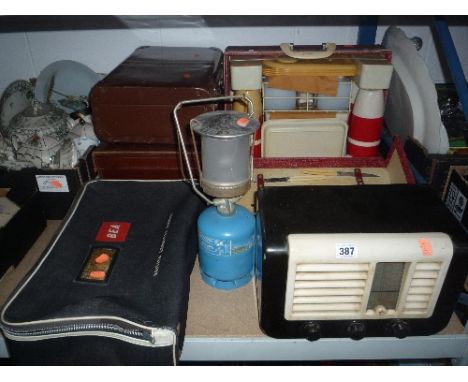 VARIOUS SUNDRIES, to include bakelite 'Ekco' radio, picnic hamper, 'BEA' bag, suitcases etc