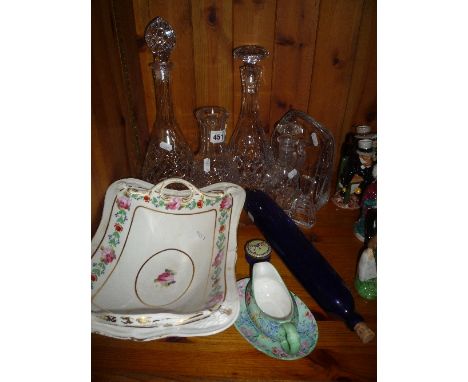 VARIOUS CUT GLASS DECANTERS, SCENT BOTTLE, etc, together with blue glass rolling pin, Shelley 'Melody' sauce boat/stand, Derb