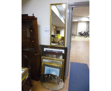 A QUANTITY OF VARIOUS PICTURES AND MIRRORS, a standard lamp with shade and three table lamps with shades