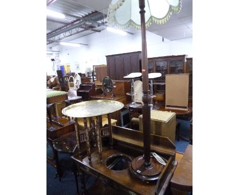 A MAHOGANY STANDARD LAMP WITH SHADE, and a circular brass tray top folding table (2)