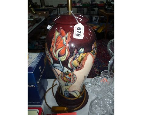 A MOORCROFT TUBE LINED LAMP, Red Tulip pattern, with shade, height approximately 45cm