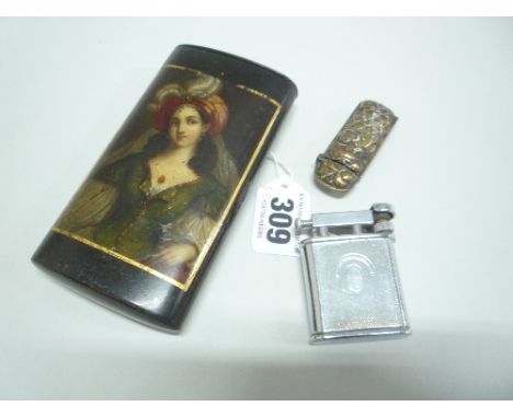 A CONTINENTAL HINGED LIDDED CASE, with maiden to front and lid inscribed Stobwasser Fabrik in Braunschweigweig or similar and