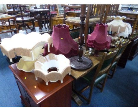A MAHOGANY STANDARD LAMP WITH SHADE, four table lamps with shades, two other shades and a modern 'Comitti' barometer (sd) (8)