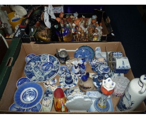 TWO BOXES OF CERAMICS, etc, to include Delft, Hummel etc