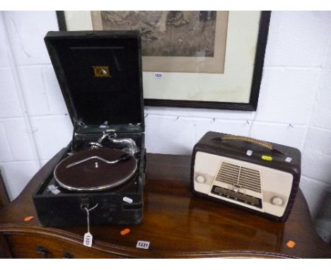 'HIS MASTERS VOICE' WIND UP RECORD PLAYER, (handle), 'Ultra' model 746 bakelite radio (2)