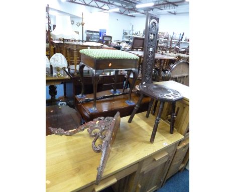 A CARVED OAK SPINNING CHAIR, and a wall mounted console table / shelf (2)