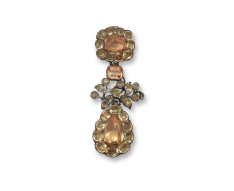 A mid eighteenth century topaz pendant, designed as a cushion-shaped topaz cluster set with lighter coloured and smaller topa