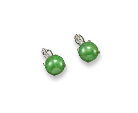 A pair of jade and diamond earrings, the circular jade cabochons are set beneath a line of circular-cut diamonds in white gol