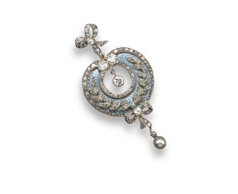 A Belle Epoque enamel and diamond pendant, the heart-shaped centre section is decorated with light blue enamel underneath a d