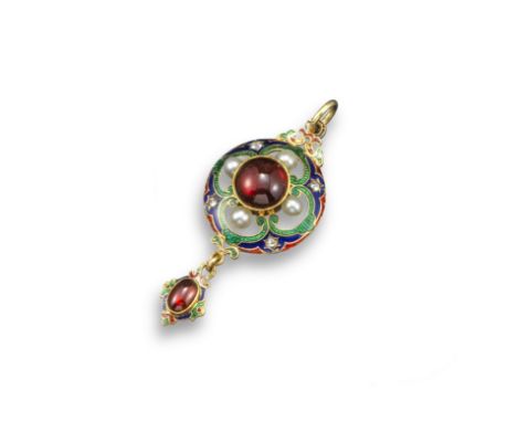 A Victorian Holbeinesque pendant, centred with a circular cabochon garnet and four seed pearls on an open work scroll mount w