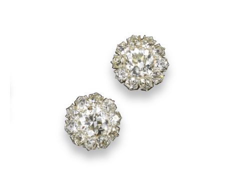 A pair of diamond cluster earrings, the old round brilliant-cut diamonds are each set with ten smaller cushion-shape diamonds