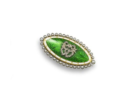 A 19th century enamel, diamond and seed pearl brooch, of lozenge form, decorated with guilloche enamel and diamond-set inlerl