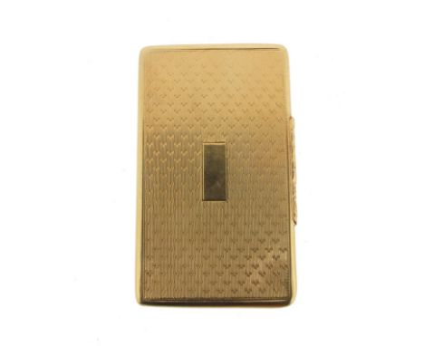 A 19th century French gold box, with engine turned decoration and vacant rectangular plaque to the top. 26g. 5.2cm long.