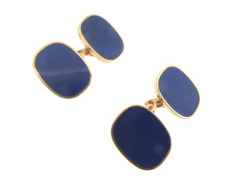 A pair of lapis lazuli mounted gold cufflinks, the cushion-shaped plaques are set with lapis lazuli in yellow gold rub-over m