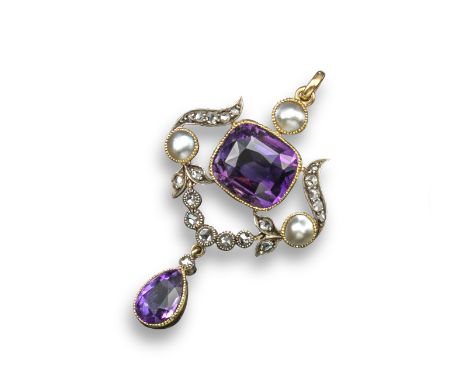 A Belle Epoque amethyst and diamond pendant, centred with a cushion-shaped amethyst within a scrolling swag border of diamond