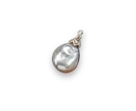 A pearl pendant, the pear shaped natural salt water pearl suspends from a silver cap set with rose cut diamonds. 1.9cm high (